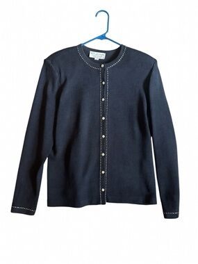 St. John BlackKnit Cardigan with Rhinestone Buttons and Stud Trim